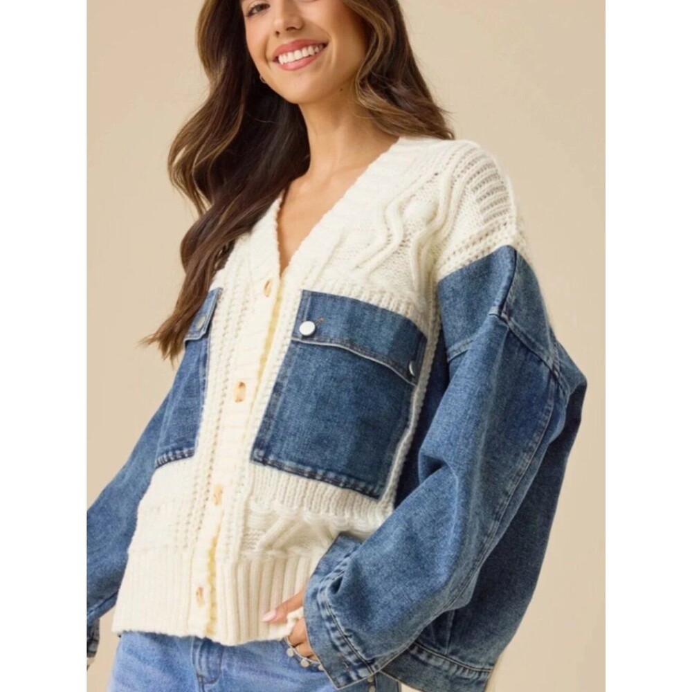Altar'd State Chunky Cable Knit Denim Combo Button Cardigan Jacket Cream Size M